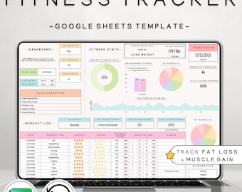 Puede incluir: Una pantalla de portátil que muestra una plantilla de seguimiento de fitness de Google Sheets titulada The Ultimate Fitness Tracker. El panel incluye secciones para estadísticas, registros de entrenamiento y objetivos.