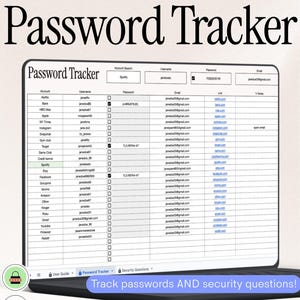 Può includere: Un foglio di calcolo digitale per il monitoraggio delle password per Google Sheets visualizzato su uno schermo di un portatile. L'interfaccia presenta colonne per nomi account, nomi utente, password, email, link e note, con schede di navigazione.