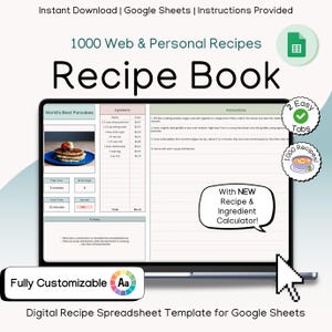 Foglio di calcolo del ricettario digitale, registro delle ricette online, ricettario digitale, calcolatrice di ricette per uno stile di vita sano per gli amanti del cibo Fogli Google