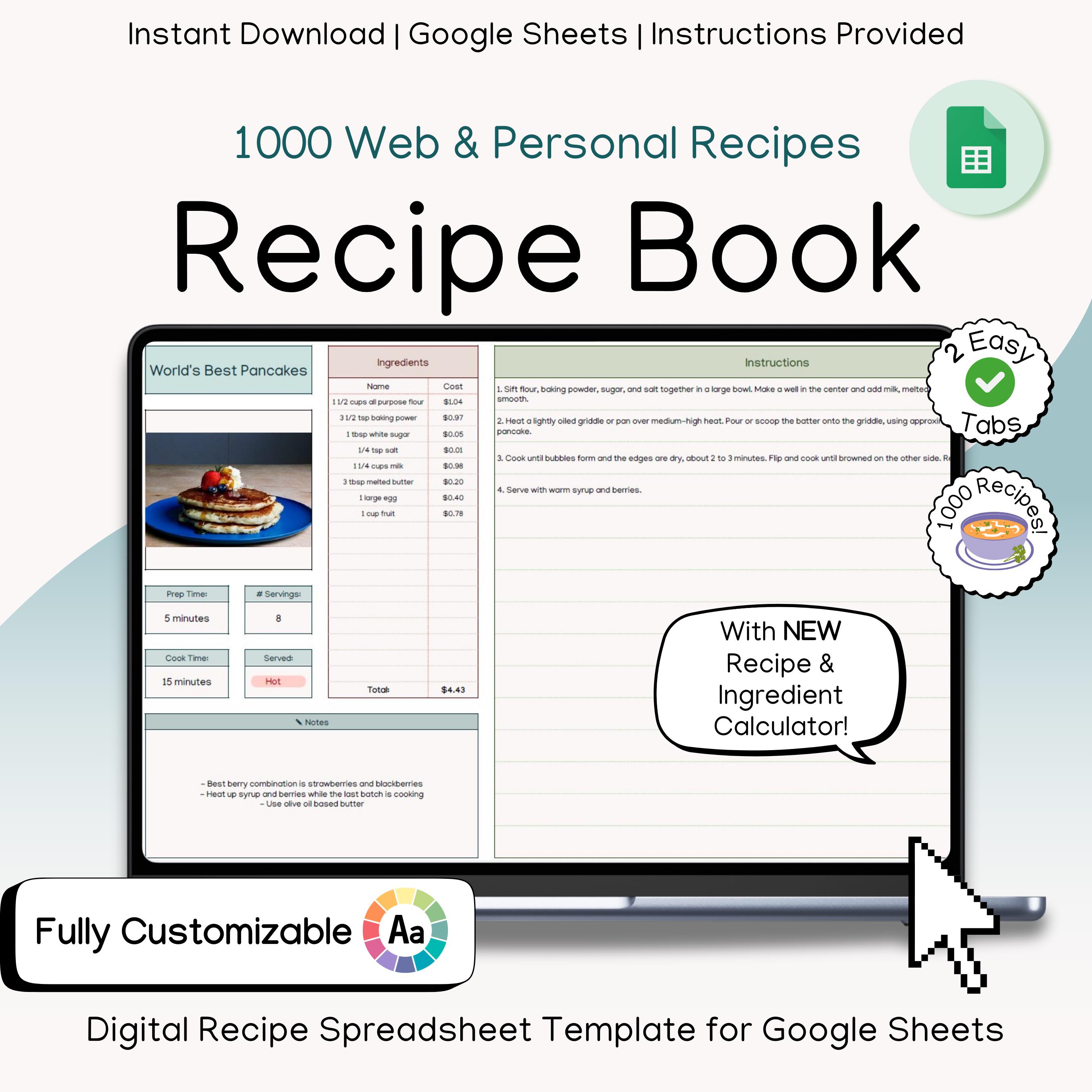 Digital Recipe Book Spreadsheet, Online Recipe Log Digital Cookbook, Healthy Lifestyle Recipe Calculator for Food Lovers Google Sheets