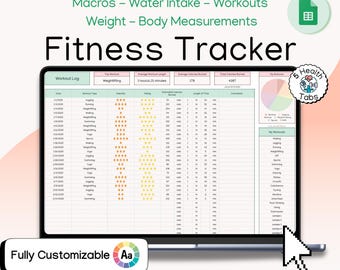 Fitness Tracker Spreadsheet for Weight Loss Muscle Gain Meal Planner Calorie Tracker Water Intake Log Workout Log Body Measurement Chart