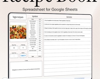 Libro de recetas para hornear / Libro de cocina digital personalizado para Google Sheets