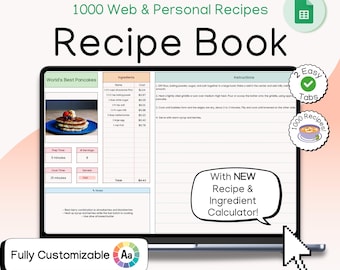 Digital Recipe Book Spreadsheet, Online Recipe Log Digital Cookbook, Healthy Lifestyle Recipe Calculator for Food Lovers Google Sheets