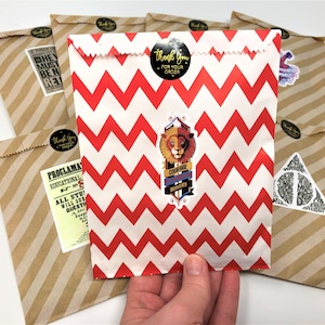 Close up of one mystery bag against an array of bags. This bag is red and white with zig-zagging stripes. It’s decorated in the middle with a sticker of a lion. Inside are several trinkets for book lovers, wizards, or witches.