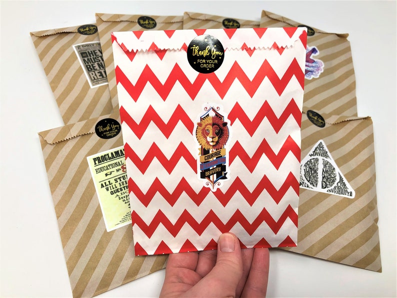 Close up of one mystery bag against an array of bags. This bag is red and white with zig-zagging stripes. It’s decorated in the middle with a sticker of a lion. Inside are several trinkets for book lovers, wizards, or witches.