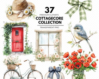 Aquarel cottagecore clipartbundel, bloemen png-stickers (digitale download)