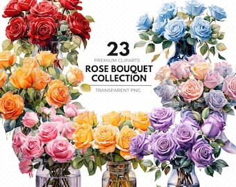 Rose Clipart, Rose Bouquet clipart, Wedding Invitation Roses, Watercolor Rose Clipart, Crystal Vases PNG,  Rose Bouquets png, Junk Journals