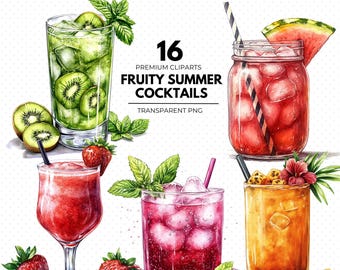 Watercolor Tropical Cocktail Clipart, Summer Drink PNGs (16 Illustrations)