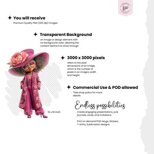May include: Digital illustration of a stylish woman in a pink outfit, hat, and glasses. The image is 10 x 10 inches and has a transparent background. Text includes "Endless possibilities" and "Commercial Use & POD allowed."