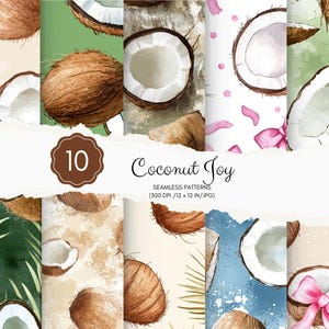 May include: A collection of ten seamless patterns featuring watercolor illustrations of coconuts. The designs include whole coconuts, halves, and slices, with some patterns incorporating pink bows and tropical leaves. The text "Coconut Joy" is displayed.
