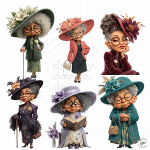 May include: A collection of six cartoon illustrations of elderly women, each wearing stylish hats and outfits. The women are depicted with round glasses and various expressions. The color palette includes shades of green, red, purple, and blue, with floral accents on the hats.