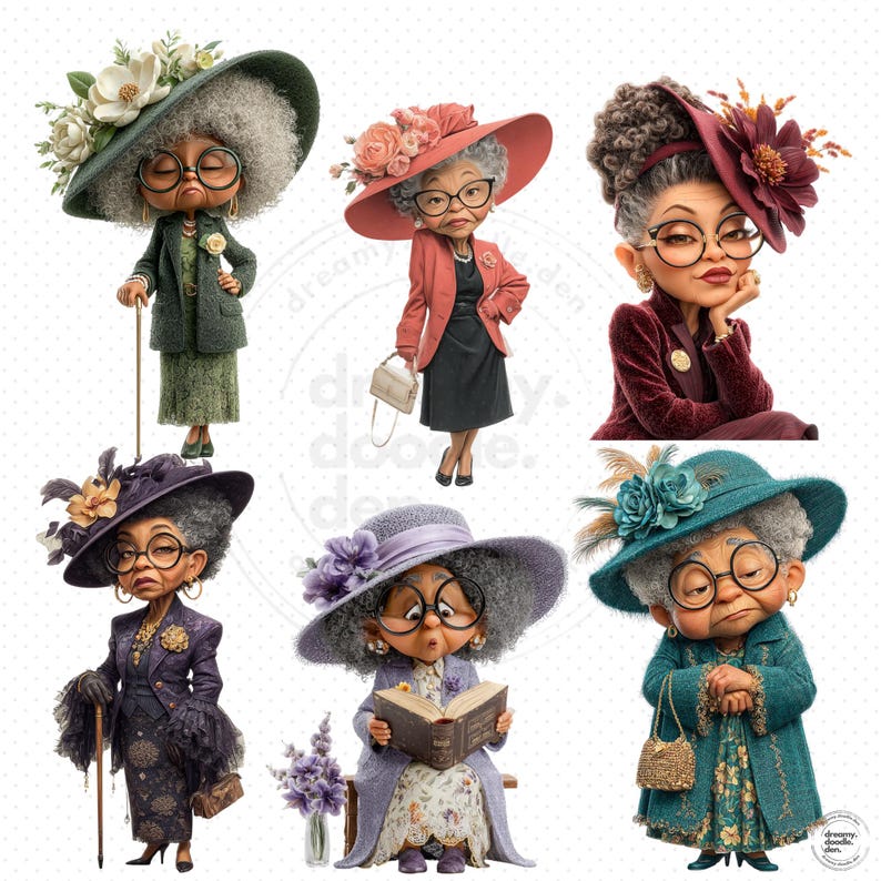 May include: A collection of six cartoon illustrations of elderly women, each wearing stylish hats and outfits. The women are depicted with round glasses and various expressions. The color palette includes shades of green, red, purple, and blue, with floral accents on the hats.