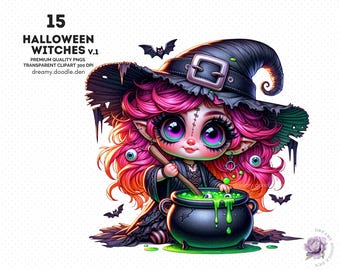 Halloween Witch Clipart Bundle, Cute Halloween Witches, Witch PNG, Cute Witches Clipart, Halloween PNG, Sublimation Halloween downloads