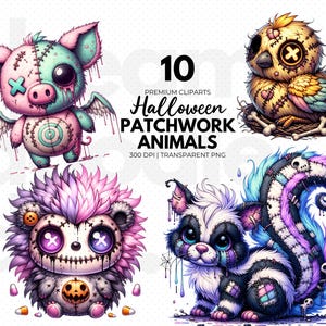 May include: A digital illustration featuring four Halloween patchwork animals: a pig with wings, a bird in a nest, a hedgehog, and a skunk. The animals are stitched together with visible seams and have a spooky, cartoonish style. The text "10 Premium Cliparts Halloween Patchwork Animals" is also present.