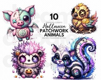 May include: A digital illustration featuring four Halloween patchwork animals: a pig with wings, a bird in a nest, a hedgehog, and a skunk. The animals are stitched together with visible seams and have a spooky, cartoonish style. The text "10 Premium Cliparts Halloween Patchwork Animals" is also present.