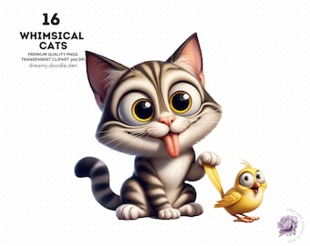 Whimsical Cats Clipart, Funny Cats, Cat Lover Art, Playful Cat (PNGs) Digital Download