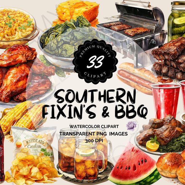 Southern BBQ clipart, Southern cuisine, Barbecue ribs, Backyard barbecue, Savory sides, Summer barbecue, BBQ Cookout, Southern-style clipart