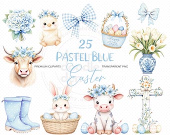 Pastel Blue Easter Clipart, Blue Spring Clipart, Coquette Easter Clipart, Watercolor Blue Spring Clipart, Easter Bunny PNG, Spring Clipart