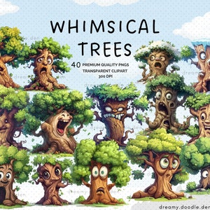 Clipart di alberi stravaganti, bundle di clipart di alberi stravaganti, facce buffe, facce di alberi divertenti, clipart di alberi sciocchi, clipart di alberi del bosco, clipart