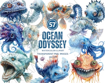 Deep-sea clipart, Underwater illustrations, Sea creatures, Whimsical ocean art, Marine watercolor clipart, Ocean creatures, Ocean clipart