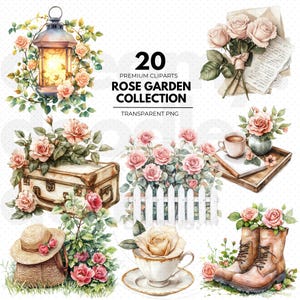 Watercolor Rose Garden Clipart Bundle, Rustic Boho Floral PNGs for Planners, Stickers, Scrapbooking & Wall Art, Rose Clipart Bundle