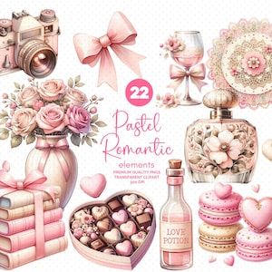 Pastel Romantic Elements Clip Art Bundle, Wedding Clipart Bundle, Valentine&#39;s Watercolor Clipart, Vintage Pastel Watercolor Clipart Bundle