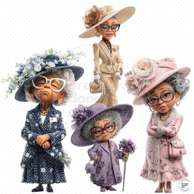 May include: Five cartoon illustrations of elderly women in stylish outfits and hats. The women are wearing glasses and jewelry. The outfits include a beige suit, a blue polka dot suit, a pink floral coat, and a purple coat. Each woman is holding a purse or a bouquet.