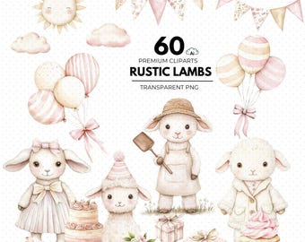 Clipart di invito per il primo compleanno in fattoria, grafica rustica per festa di compleanno con agnello, animali da fattoria in acquerello neutro in formato PNG, invito rustico con agnello