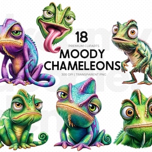 Imágenes prediseñadas de camaleón, paquete de imágenes prediseñadas de lagarto divertido, reptiles caprichosos, descarga digital, imágenes prediseñadas de lagarto gruñón, reptiles sarcásticos, lagarto PNG