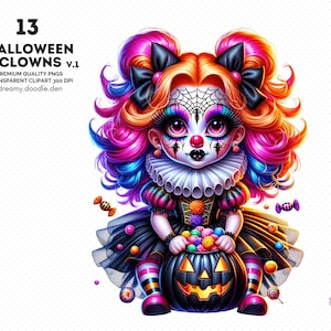 Paquete de imágenes prediseñadas de payasos de Halloween, imágenes prediseñadas de payaso, lindos pngs de payaso de Halloween, imágenes prediseñadas de truco-o-treat, imágenes prediseñadas de payasos y calabazas, payaso imprimible