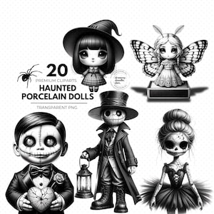 Haunted Porcelain Doll Clipart Bundle, Creepy Dolls Clipart, Creepy Cute Halloween PNGs, Wall Art, Journaling, Halloween png, Spooky season