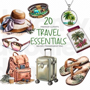 May include: A collection of travel essentials, including a sun hat with a lavender ribbon, sunglasses, a backpack, a suitcase, sandals, a passport, a necklace, and bracelets. The image includes the text "TRAVEL ESSENTIALS".