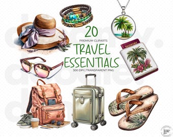 Travel Essentials Clipart Bundle, Summer Vacation PNGs, Beach Packing List Items, Vacation Clipart, Beach Travel Essentials, Summer Trip PNG