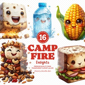 Può includere: Un set di 16 illustrazioni in stile cartone animato di delizie da falò. Le illustrazioni includono un panino, una bottiglia d'acqua, una pannocchia di mais, un mucchio di noci e un s'more.