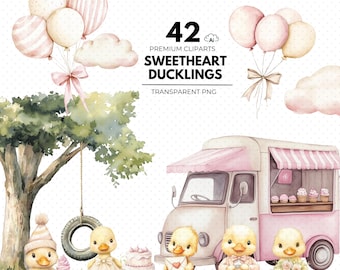 Sweetheart Ducklings Watercolor Clipart, Baby Duck Nursery Art, Valentine Duck PNG, Baby Shower Invitations, Cute Ducks Clipart