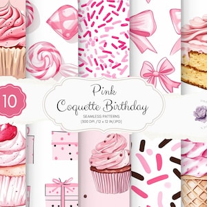以下が含まれることがあります： ピンクと白のカップケーキ、ケーキ、スプリンクル、リボン、ギフトボックスをフィーチャーした、10種類のデジタルシームレスパターンセット。スクラップブッキング、カード作り、その他のクラフトプロジェクトに最適です。画像には「Pink Coquette Birthday」というテキストが含まれています。