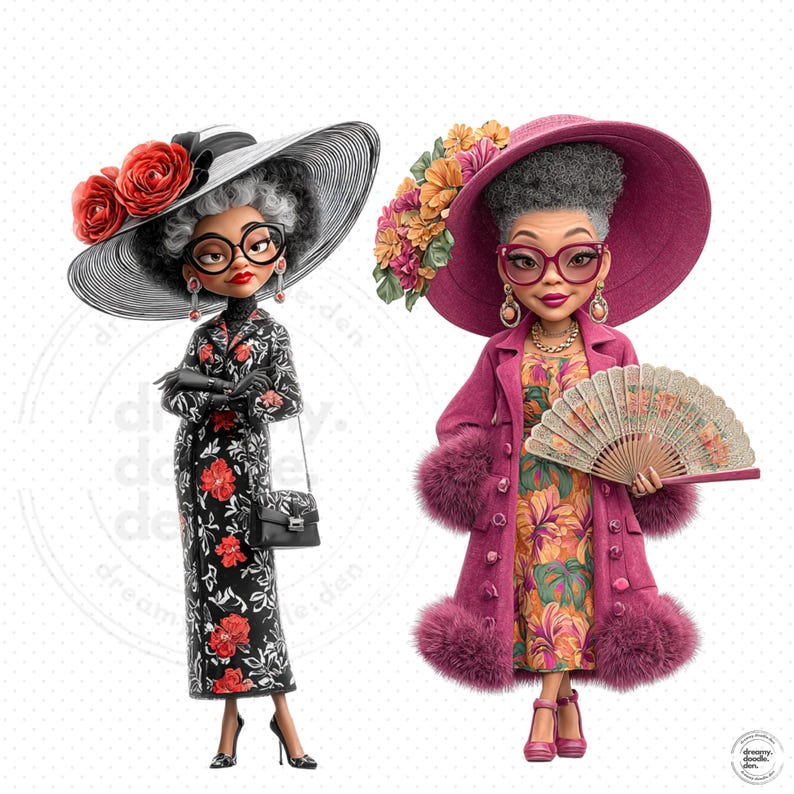 May include: Two stylish illustrations of older women in fashionable attire. One wears a black and red floral dress, a wide-brimmed hat with red roses, and carries a black purse. The other is in a pink coat with fur trim, a floral dress, and a decorative fan.