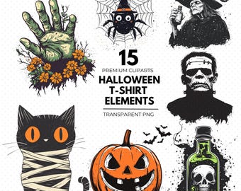 Vintage Halloween Clipart Bundle, Retro Spooky Graphics PNG, Nostalgic T-Shirt Design, Digital Download, Commercial Use, Sublimation, DTG