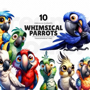 Clipart de pássaro engraçado, designs de pássaros peculiares, pacote de clipart de pássaros engraçados PNG, clipart de papagaio engraçado, arte de pássaro tropical, clipart de papagaio em aquarela