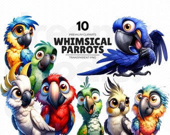 Funny Parrot Clipart, Watercolor Tropical Bird Art, Colorful Parrots Clipart, Parrot Digital Art, Rio Parrots, Digital Download