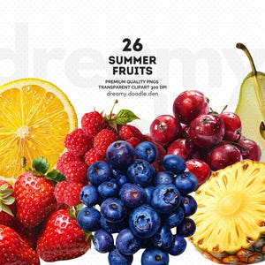 Summer fruits clipart bundle, Tropical fruit png, Juicy fruit png, Vibrant fruit clipart, Fresh fruit clipart png, Strawberry png