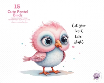 Watercolor Pastel Bird Clipart Bundle, Cute Bird PNGs (Digital Download)