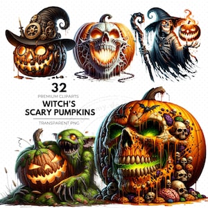 Scary Pumpkin Clipart, Haunted Jack-O-Lanterns, Halloween Witch Pumpkin PNG, Creepy Spooky Pumpkins,  Digital Download, Pumpkin Stickers