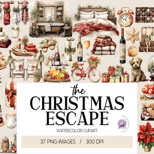 Vakantie-ontsnapping aquarel clipart | Gezellige kerstretraiteillustraties | Vreugdevolle vakantie ontsnapping clipart |  Aquarel kerst clipart