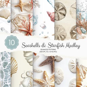 May include: Ten digital paper patterns featuring seashells, starfish, and coral in various colours and designs. The patterns are seamless and perfect for crafting projects.