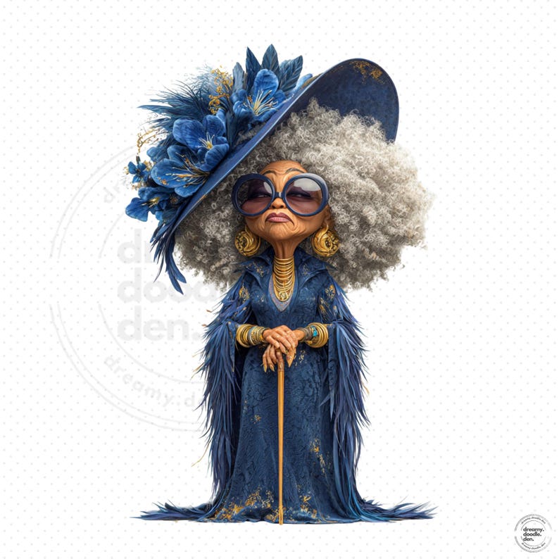May include: A cartoon illustration of a stylish elderly person wearing a large blue hat adorned with flowers and feathers, oversized sunglasses, and a long blue dress. The character has large gold earrings and holds a gold cane.