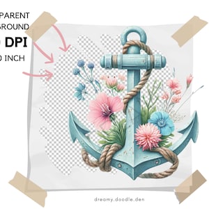May include: A blue anchor with a rope wrapped around it, surrounded by pink, blue, and white flowers. The anchor is on a transparent background.