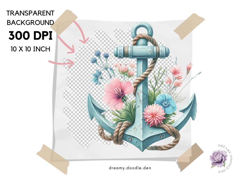 May include: A blue anchor with a rope wrapped around it, surrounded by pink, blue, and white flowers. The anchor is on a transparent background.