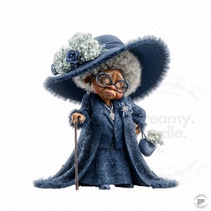 May include: A whimsical illustration of an elderly woman in a navy blue ensemble. She wears a wide-brimmed hat adorned with flowers, a long coat, and carries a purse and cane. Her glasses are round, and her expression is one of gentle contemplation.