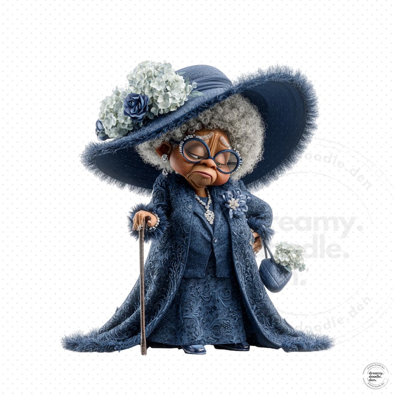 May include: A whimsical illustration of an elderly woman in a navy blue ensemble. She wears a wide-brimmed hat adorned with flowers, a long coat, and carries a purse and cane. Her glasses are round, and her expression is one of gentle contemplation.